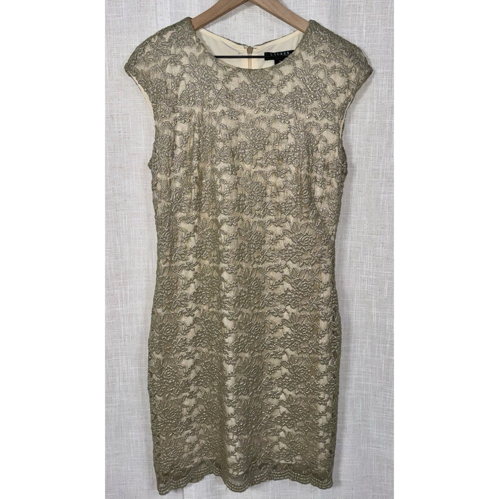 Lauren Ralph Lauren Floral Cap Sleeve Sheath Dress Gold Metallic Lace Sz 12
